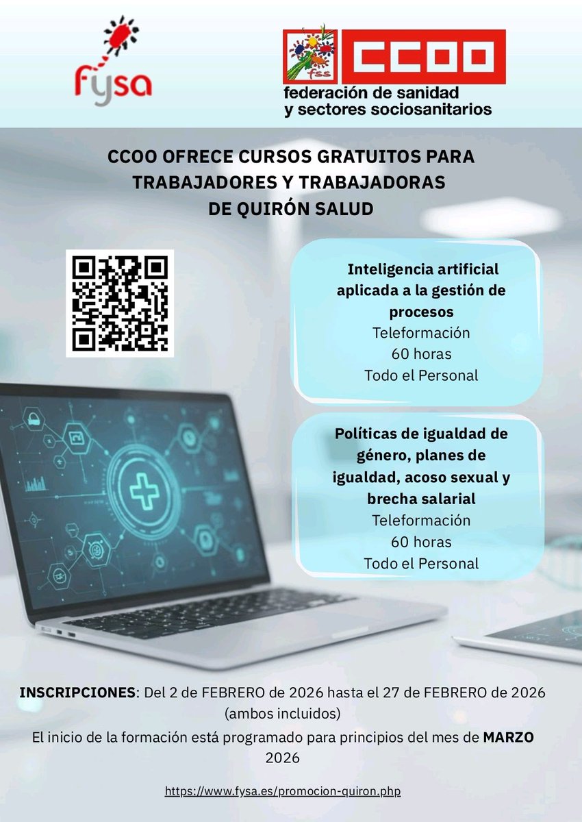 Buenos días! CCOO ofrece estos cursos gratuitos para todo el personal de Quirón Salud. Son cursos acreditados. Ya puedes inscribirte. Si tienes dudas consulta en tu sección sindical #ccooinforma #ccooforma