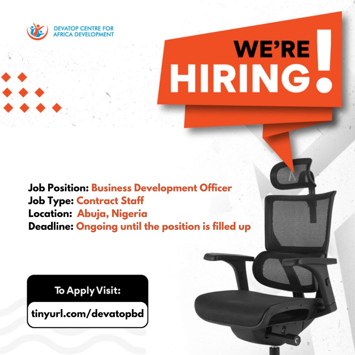 devatopafrica's tweet photo. We’re Hiring: Business Development Officer!

Location: Abuja
Application Deadline: Ongoing until the position is filled up.

Please click this link for details about the job and application method: 
https://t.co/DPM87EFW0c

#jobvacancy #ApplyNow #jobopportunity https://t.co/lzrQNSkiL1