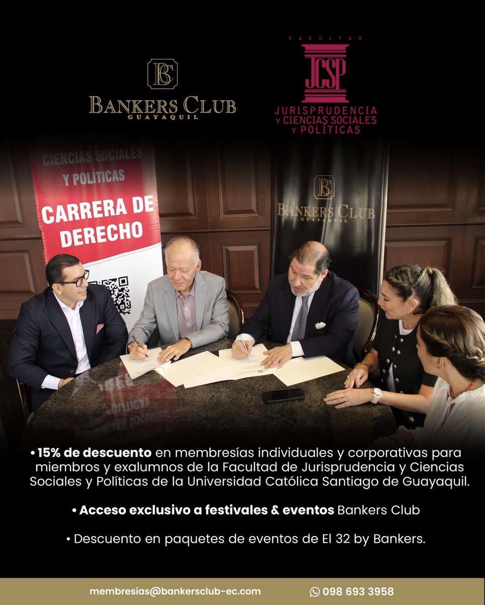 La formación jurídica, política y social es clave para construir instituciones sólidas y líderes que transformen el país.

Por eso, la Facultad de Jurisprudencia y Ciencias Sociales y Políticas de la Universidad Católica Santiago de Guayaquil y Bankers Club celebran la firma de