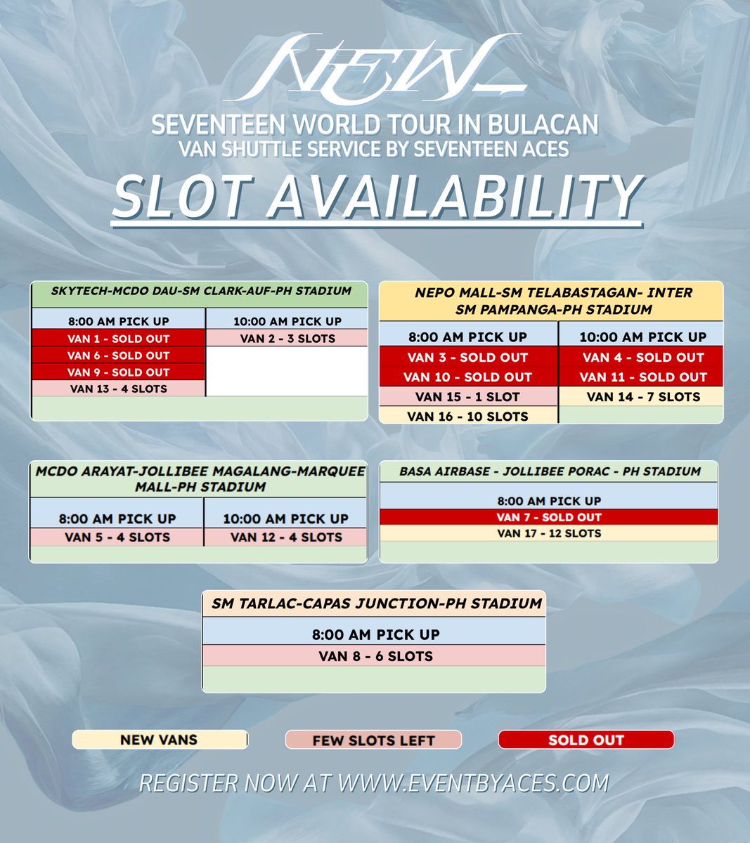 Slot update as of February 10 ✨
Here’s the current slots available for  SEVENTEEN NEW_ WORLD TOUR IN BULACAN— Pampanga &amp; Tarlac shuttle service by aces  🚐

Reserve your slots at eventbyaces.com 💎
P.S— We will stop adding vans on Feb. 28, starting March 1, only the