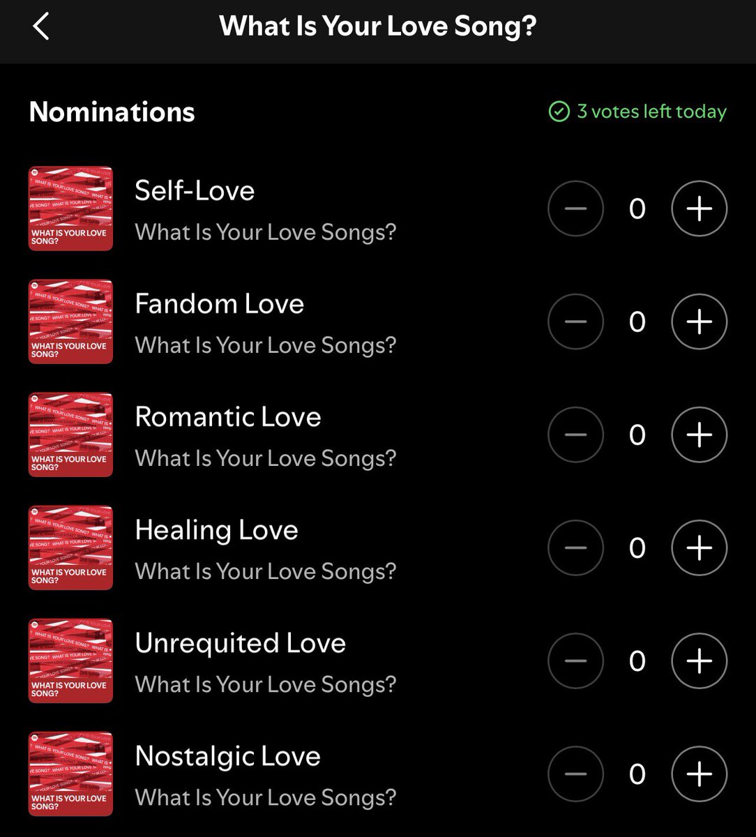A new option to vote ‘What Is Your Love Song?’ has now appeared on Spotify!

The voting will close on February 13th.

open.spotify.com/playlist/37i9d…