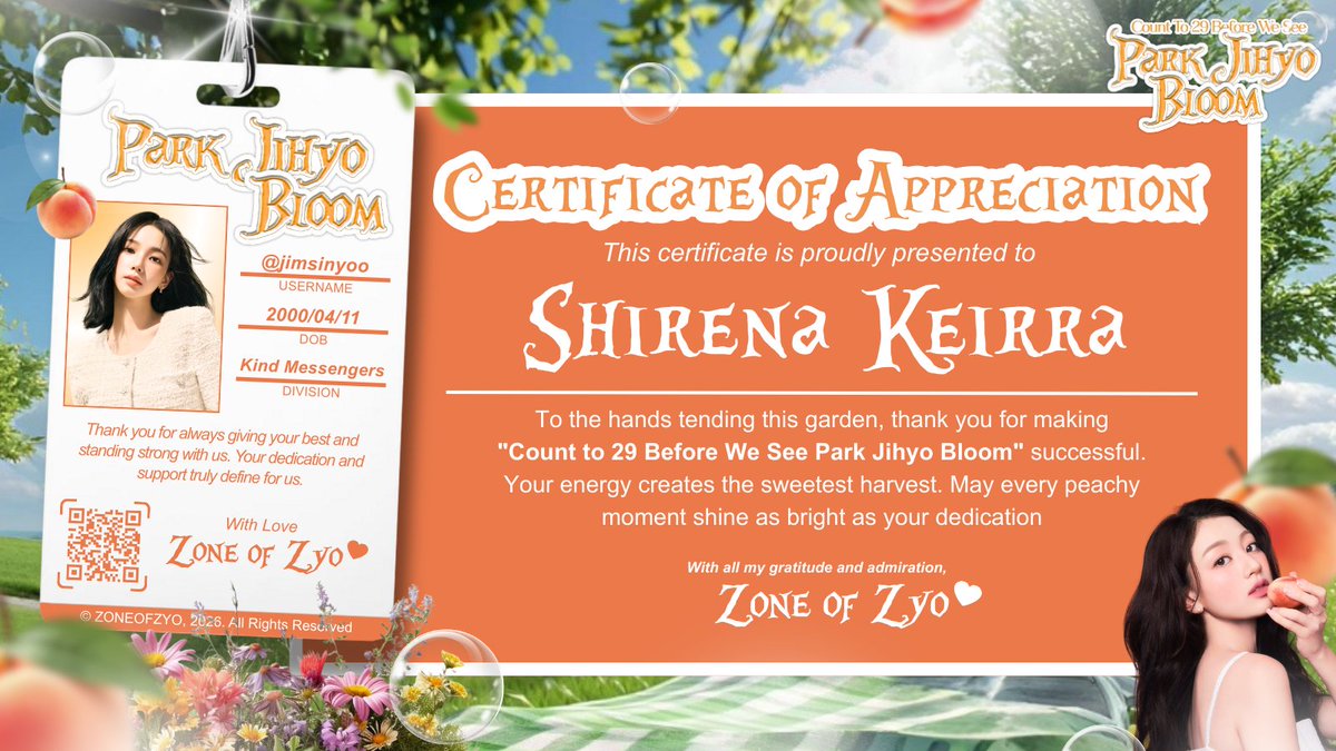 𓇚 ᠀ As 𝗖𝗼𝘂𝗻𝘁 𝘁𝗼 𝟮𝟵 𝗕𝗲𝗳𝗼𝗿𝗲 𝗪𝗲 𝗦𝗲𝗲 𝗣𝗮𝗿𝗸 𝗝𝗶𝗵𝘆𝗼 𝗕𝗹𝗼𝗼𝗺 settles into bloom, I, Shirena Keirra from Humas, melt into the dew. I leave only a fuzzy peach sweetness, a trail of petals that keeps this garden whole.