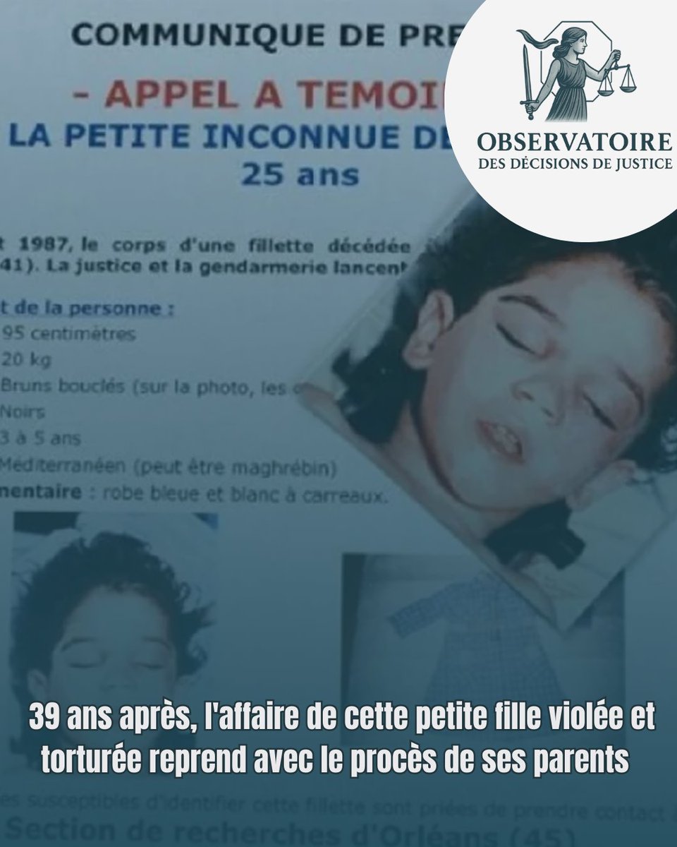 ⌛️ 39 ans après, l'affaire de cette petite fille violée et torturée reprend avec le procès de ses parents 

Le 11 août 1987, une fillette de 4 ans est retrouvée morte dans un fossé de l’autoroute A10, à hauteur de Suèvres (Loir-et-Cher). Son corps portait des traces de brûlures