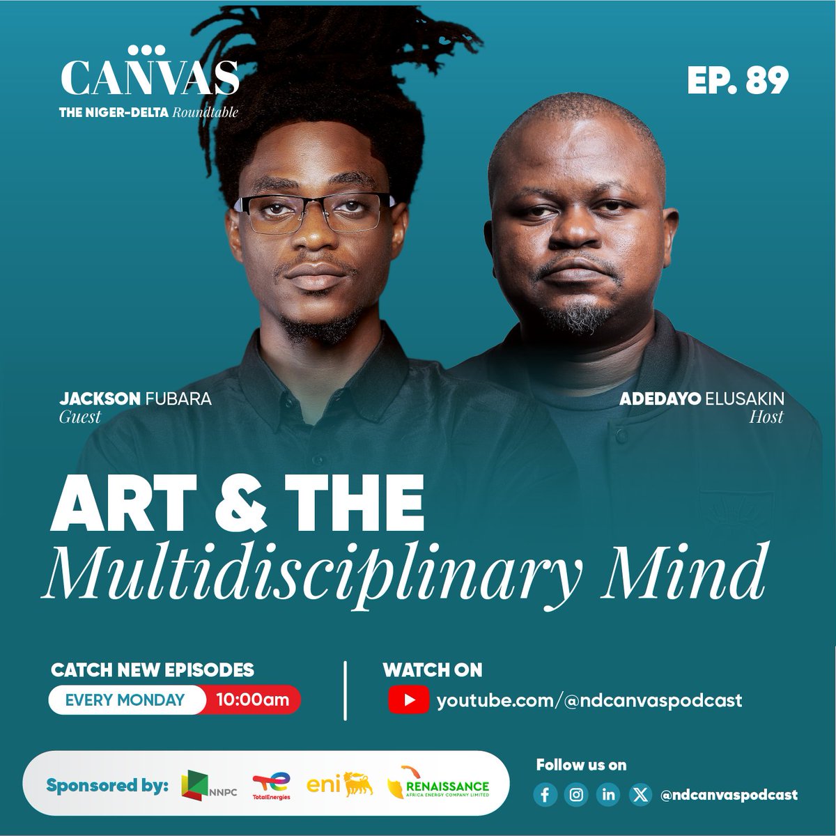 Episode #89: Art &amp; the Multidisciplinary Mind with our anchor <a href="/Dee_shark/">dayo elusakin</a> and our guest <a href="/ArtsByJaxen/">Jâxën🎨</a>, click here to listen 👇🏾 youtube.com/@ndcanvaspodca… 

Brought to you by <a href="/renaissance_afr/">Renaissance Africa Energy Company</a> <a href="/nnpclimited/">NNPC Limited</a>, <a href="/totalenergies/">TotalEnergies</a>, <a href="/eni/">eni</a>

#nigerdelta #canvas #podcast #ndcpodcast