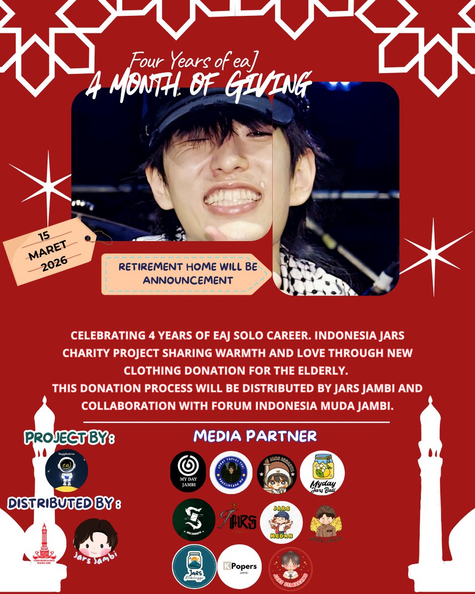 ✨ Four Years Of eaJ Month Of Giving ✨️

Perayaan tahun ke-4 Solo Debut eaJ (<a href="/eaJPark/">eaJ¹ᐟ</a>) berbagi &amp; buka bersama dengan para lansia di panti Jompo Jambi

Link donasi:
📎bit.ly/49YAXq7

📅 Minggu, 15 Mar 26
⏰ 4 sore - selesai
📌 TBA

#eaJPark #eaJCharity #4YearsWitheaJ