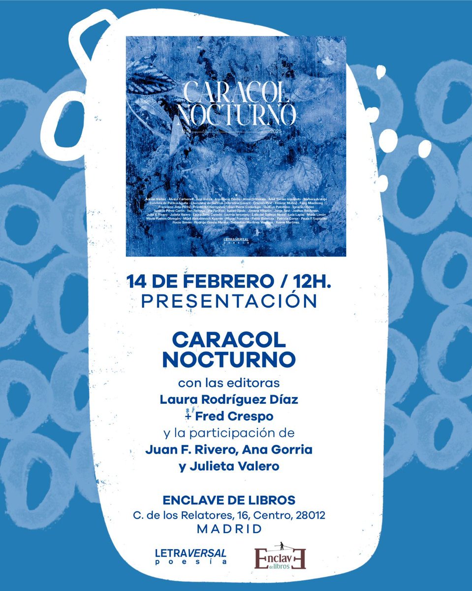 Amigas, esto pasa este sábado y me hace una ilusión enorme, tanto por participar en la presentación de la estupenda 'Caracol nocturno' como por la charla con Ana Gorría, Julieta Valero y, por supuesto, sus editores: Alfredo y Laura.

¡Venid! 🐌💙