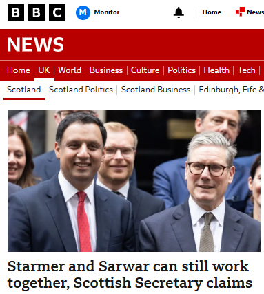 BBC Scotland doing its best to help repair the damage caused by Sarwar's desperate coup attempt against Starmer. Meanwhile, the SNP &amp; Greens are being airbrushed out of BBC Scotland coverage which is now exclusively Labour voices. We're witnessing full-blown BritNat propaganda.