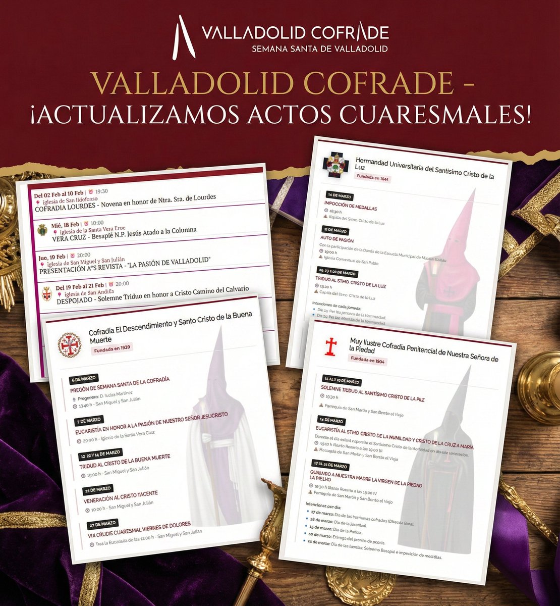 🟣 Se acerca la Cuaresma y estrenamos imagen. Ya puedes consultar los primeros actos de las cofradías de Valladolid en nuestra agenda, 
¡Gracias infinitas a las cofradías que nos están enviando su información estos días!
📲¡Atentos! Porque muy pronto llegará también la nueva APP