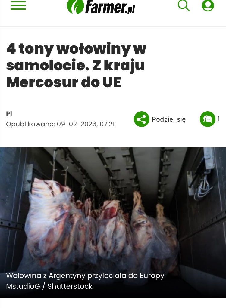 Właśnie doleciały 4 tony wołowiny z Argentyny prosto do UE (mięso trafiło do Madrytu, a następnie transportem lądowym zostało dostarczone do odbiorcy w Portugalii). W końcu transport lotniczy to szczyt ekologii. Tymczasem 3 lata temu w Irlandii, żeby zredukować emisję gazów