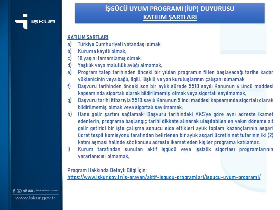 📣İŞGÜCÜ UYUM PROGRAMI DUYURUSU
Başvuru Tarihleri: 
10-14 Şubat 2026
Başvurular;
✔esube.iskur.gov.tr,
✔e-Devlet,
✔ALO 170 üzerinden alınacaktır.

İUP Hakkında detaylı bilgi için: iskur.gov.tr/is-arayan/akti…