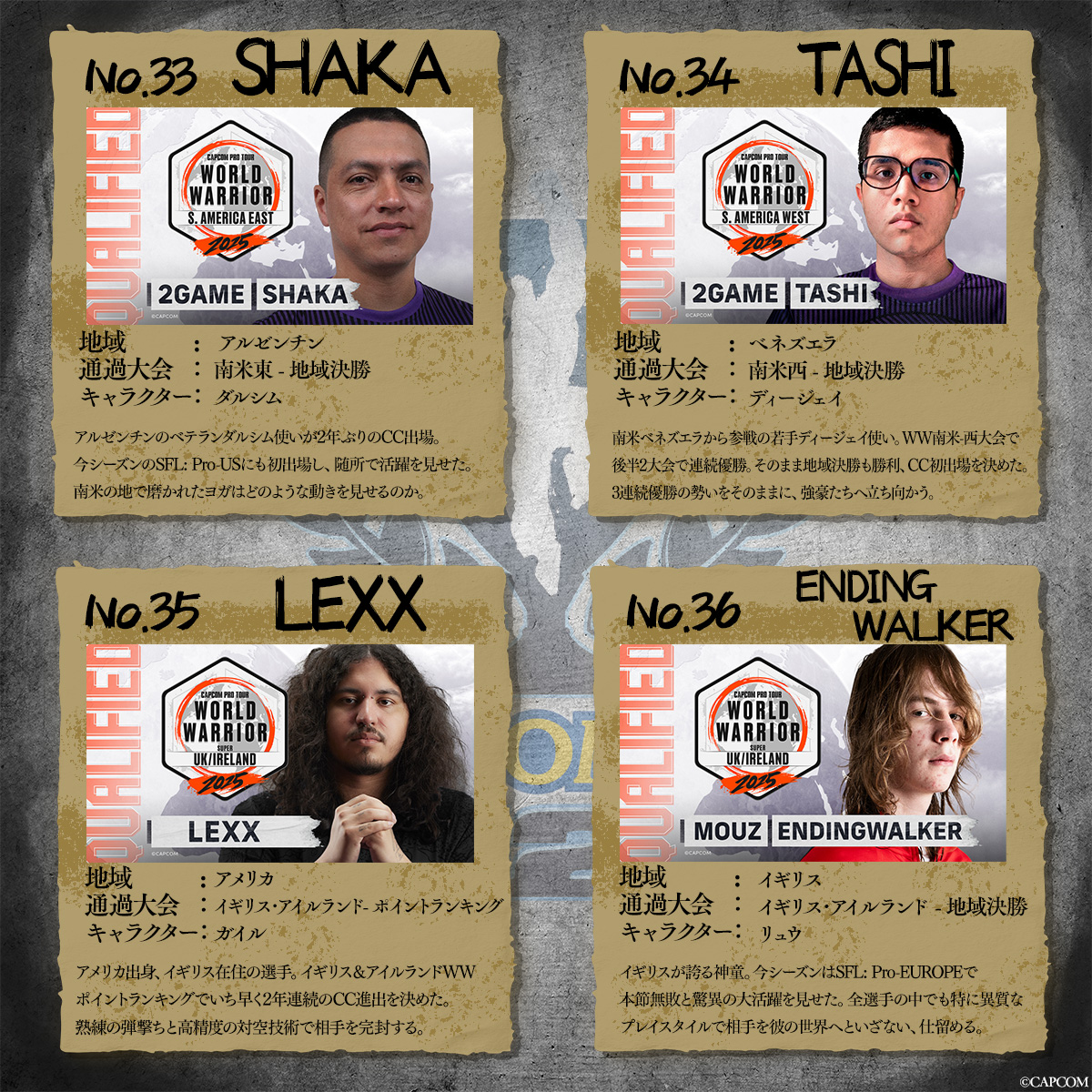 #CAPCOMCUP12 出場選手紹介

・SHAKA(<a href="/shaka_0022/">2G Shaka</a>)
・TASHI(<a href="/Tashipirin/">2G Tashi</a>)
・LEXX(<a href="/LexxFGC/">Lexx</a>)
・ENDING WALKER(<a href="/EndingWalker/">MOUZ | EndingWalker</a>)

会場観戦チケット好評発売中🎫