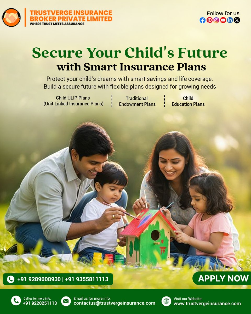 trustverge's tweet image. Secure your child’s future with smart insurance planning!
Protect their education, dreams &amp;amp; milestones with flexible child plans designed for long-term growth and security.
✔ Child ULIP Plans
✔ Endowment Plans
✔ Child Education Plans
#ChildInsurance #SecureFuture