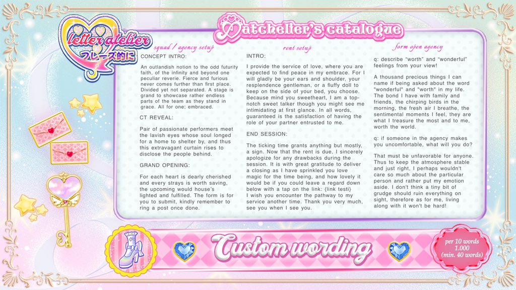 ♡ .:: 🍨 a dash of poised wording aim of captivating beloved readers into falling for its whimsical love ⋆ ♪ 🍮 sweet narrative spelled betwixt each, anais’ <a href="/atchelier/">anaisᥬᩤ</a> is ready to assist  ⁀ *🐰 ˖ knock on her parlor, you go!!

#zonauang bio, custom, pinned, upchar