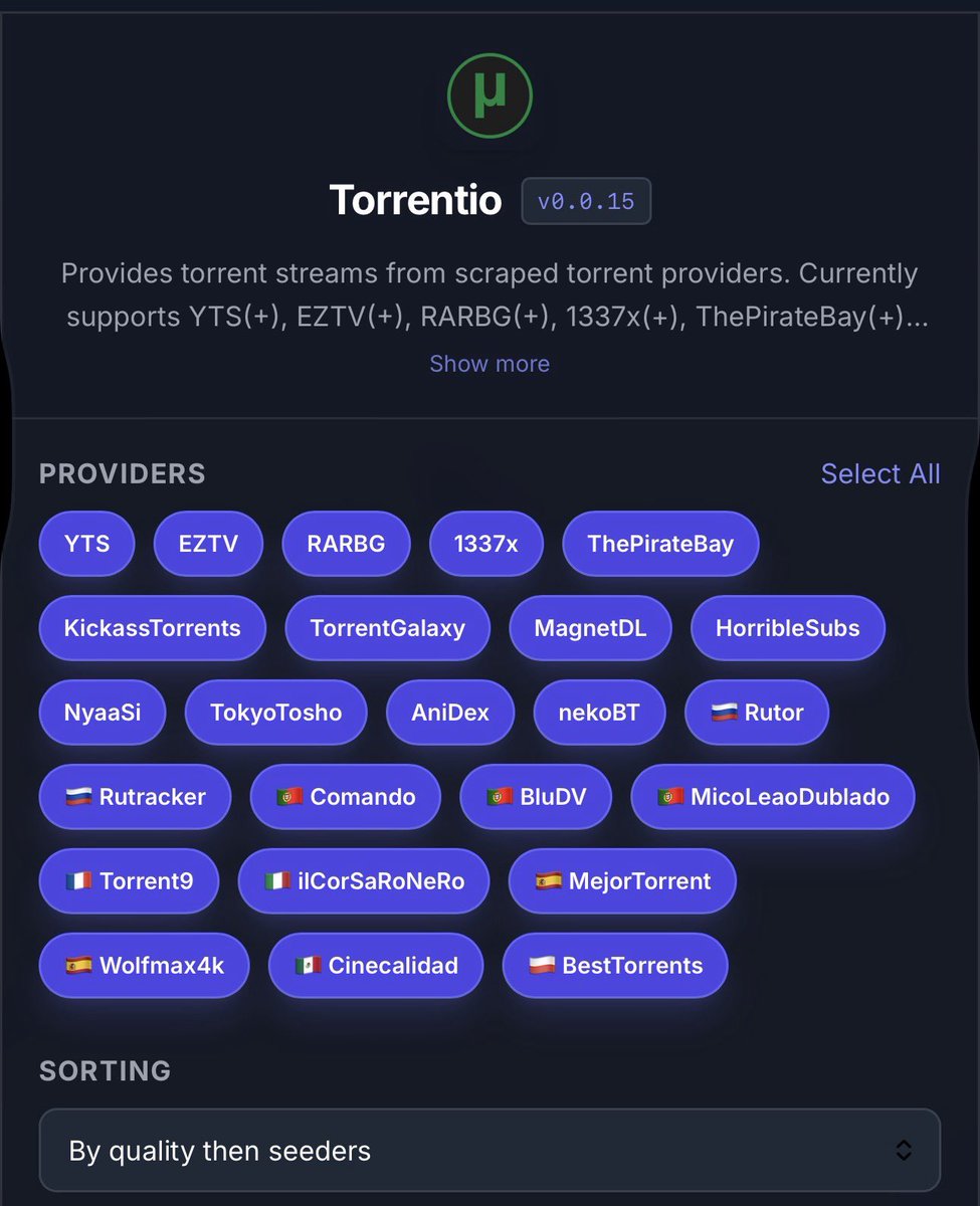 صفحة إعدادات خاصة بإضافة التورنت لـ Stremio

• اختيار مصادر التورنت اللي يتم البحث منها

• تعديل في خيار EXCLUDE RESOLUTIONS 

علّم على الجودات اللي ما تبيها تظهر نهائيًا او اتركها مثل ماهي 

• ولو كنت مشترك في Debrid تقدر تختار خدمتك (مثل Real-Debrid) لبث أسرع وجودة أعلى