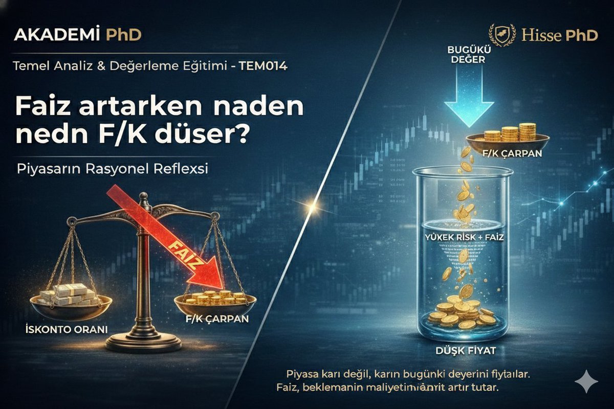 AKADEMİ PhD | Temel Analiz &amp; Değerleme Eğitimi

MODÜL 0.5
Makro → Mikro Köprüsü

TEM014 – Faiz artarken neden F/K düşer?

Yatırımcıların en sık sorduğu soru şudur:
“Şirket karını artırıyor ama F/K düşüyor.
Bu nasıl olur?”

İlk bakışta bu tablo bir çelişki gibi görünür.
Oysa bu