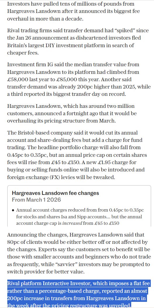 entrustTMF's tweet image. Good news for #ABDN Aberdeen?[From The Telegraph]

Rival platform Interactive Investor, which imposes a flat fee rather than a percentage-based charge, reported an almost 200pc increase in transfers from Hargreaves Lansdown in the week after the pricing restructure was unveiled