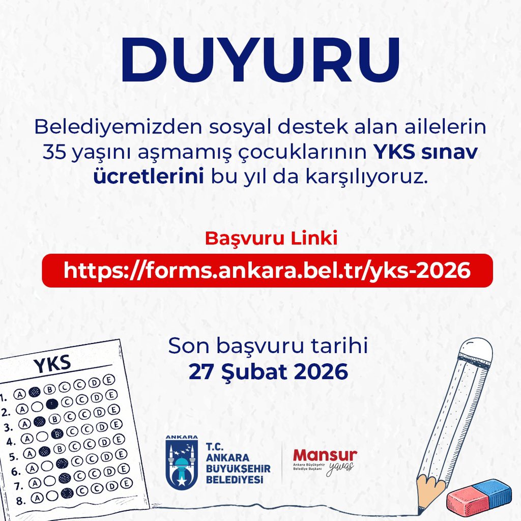 Belediyemizden sosyal destek alan ailelerin 35 yaşını aşmamış çocuklarının YKS sınav ücretlerini bu yıl da karşılıyoruz. Son başvuru tarihi: 27 Şubat 2026 ???? Başvuru linki: https://forms.ankara.bel.tr/yks-2026