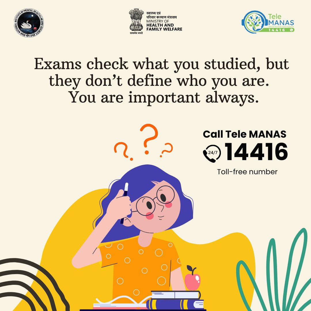 TeleMANAS_Apex's tweet image. Exams test your memory—not your worth. 🧠📚

If stress feels heavier than the syllabus, you don’t have to handle it alone.

📞 Call Tele MANAS 14416 for free, confidential mental health support—before, during, or after exams.

Breathe. Reset. You’ve got this. 💚

#examstress