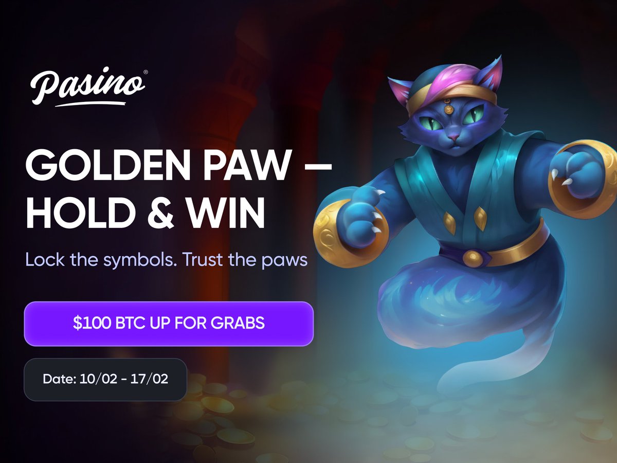 🐾✨ GOLDEN PAW HOLD &amp; WIN GIVEAWAY IS LIVE! ✨🐾

Golden symbols, sharp tension - and a fresh $100 BTC Giveaway is now live 🔥

Play Golden Paw Hold &amp; Win, our featured slot of the week 👇
pasino.com/slot/softswiss…

💰 Prize: $100 in $BTC
📅 Date: 10 February

🧠 How to join:
