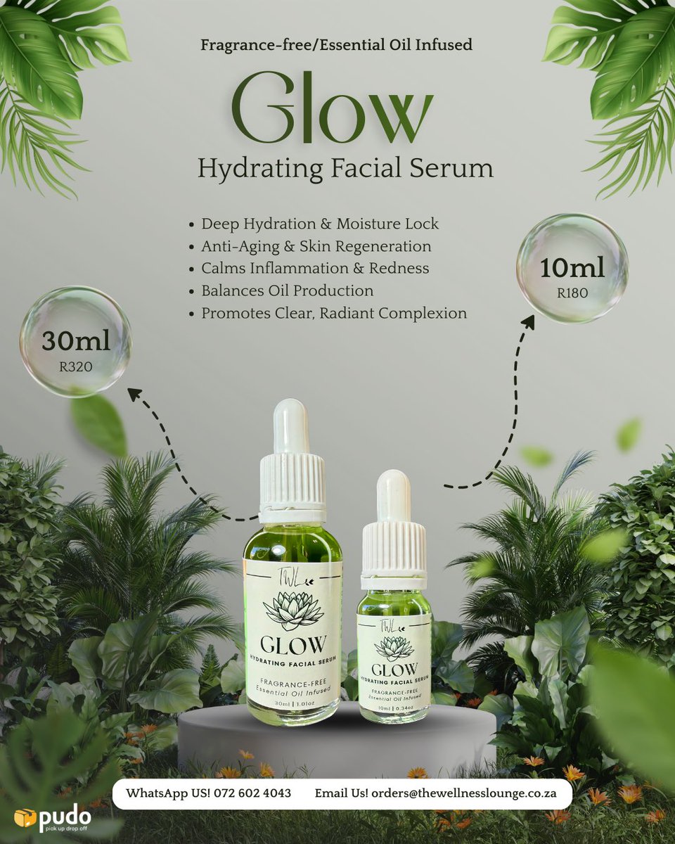 TWellnessLounge's tweet photo. Unlock your skin's natural radiance with Glow! ✨🌿

Experience the glow you deserve—naturally!

📱 WhatsApp: 072 602 4043
📧 Email: orders@thewellnesslounge.co.za

#GlowSerum #NaturalSkincare #HydratingSerum #EssentialOils #RadiantSkin #TheWellnessLounge https://t.co/l6DPSdRHDX