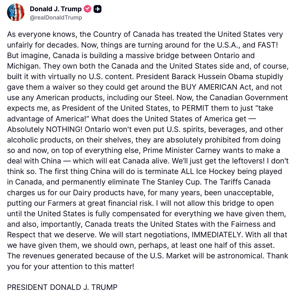 Trump — for the record:
The bridge started construction in July 2018, during your administration.
In 2017, your administration listed it as a priority infrastructure project.
And in December 2019, you personally signed into law the first U.S. funding for the bridge, allocating up