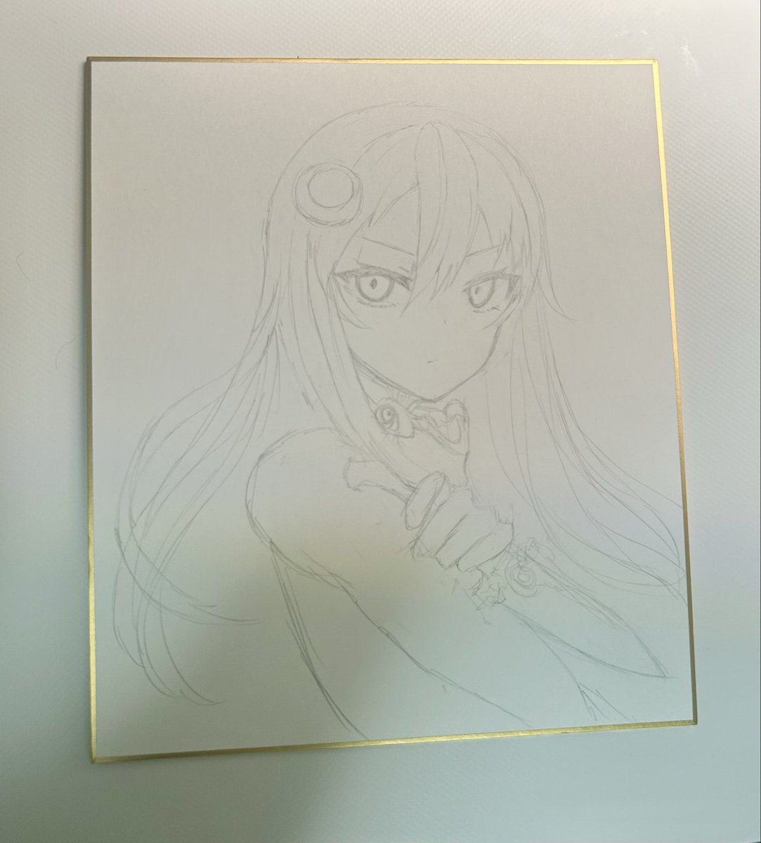 メカ少女の直筆イラスト色紙、ペン入れ中の様子✍🏻