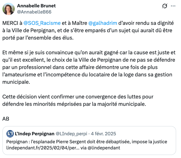 <a href="/mbompard/">Manuel Bompard</a> <a href="/mickael_idr/">Mickael Idrac</a> Ceci est une fake news !
<a href="/AnnabelleB66/">Annabelle Brunet</a> s’est clairement positionnée contre et Chantal Gombert a voté contre l'esplanade Sergent au CM ⤵️

Votre préoccupation, ce n’est pas Perpignan et lutter contre le <a href="/RNational_off/">Rassemblement National</a>, et vous nous le prouvez tous les jours sur le terrain !