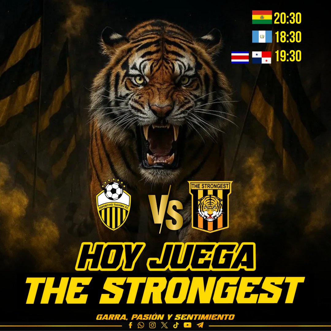 ⚫🟡 ¡HOY JUEGA EL TIGRE! 🟡⚫  
#Tachira 🇻🇪 🆚 🇧🇴 #TheStrongest 

🗓️ Martes, 10 de febrero
🕒 20.30
🏟️ Pueblo Nuevo 
📺 ESPN

#VamosTigre #GPS