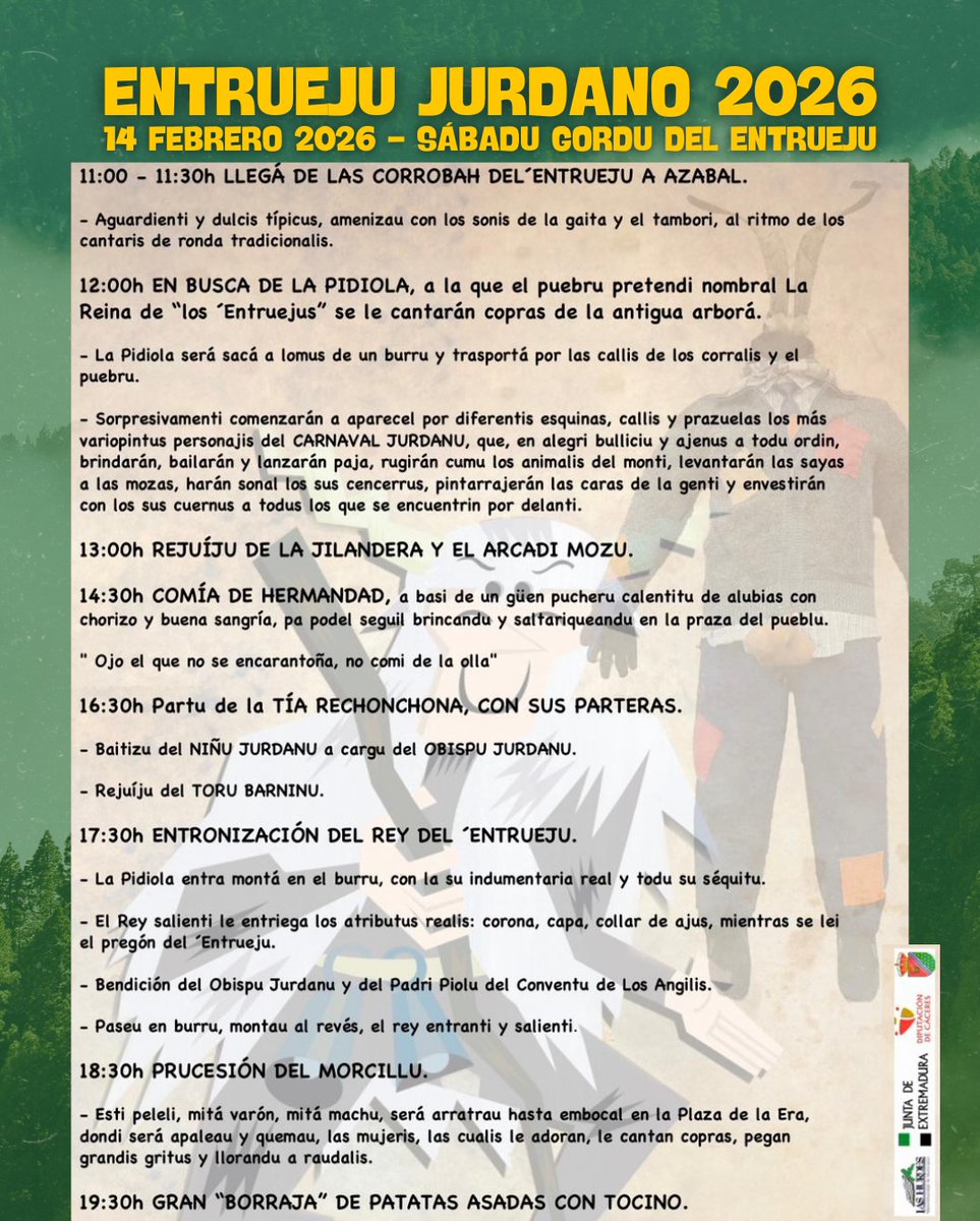 extremadura_tur's tweet photo. El #CarnavalHurdano, celebrado en #LasHurdes, este año en la localidad de #Azabal, es una fiesta ancestral de carácter antropológico y mitológico.

🎉 Fiesta de Interés Turístico

🗓️ 14 de febrero

@cultura_EXT https://t.co/FipkLfVfX3