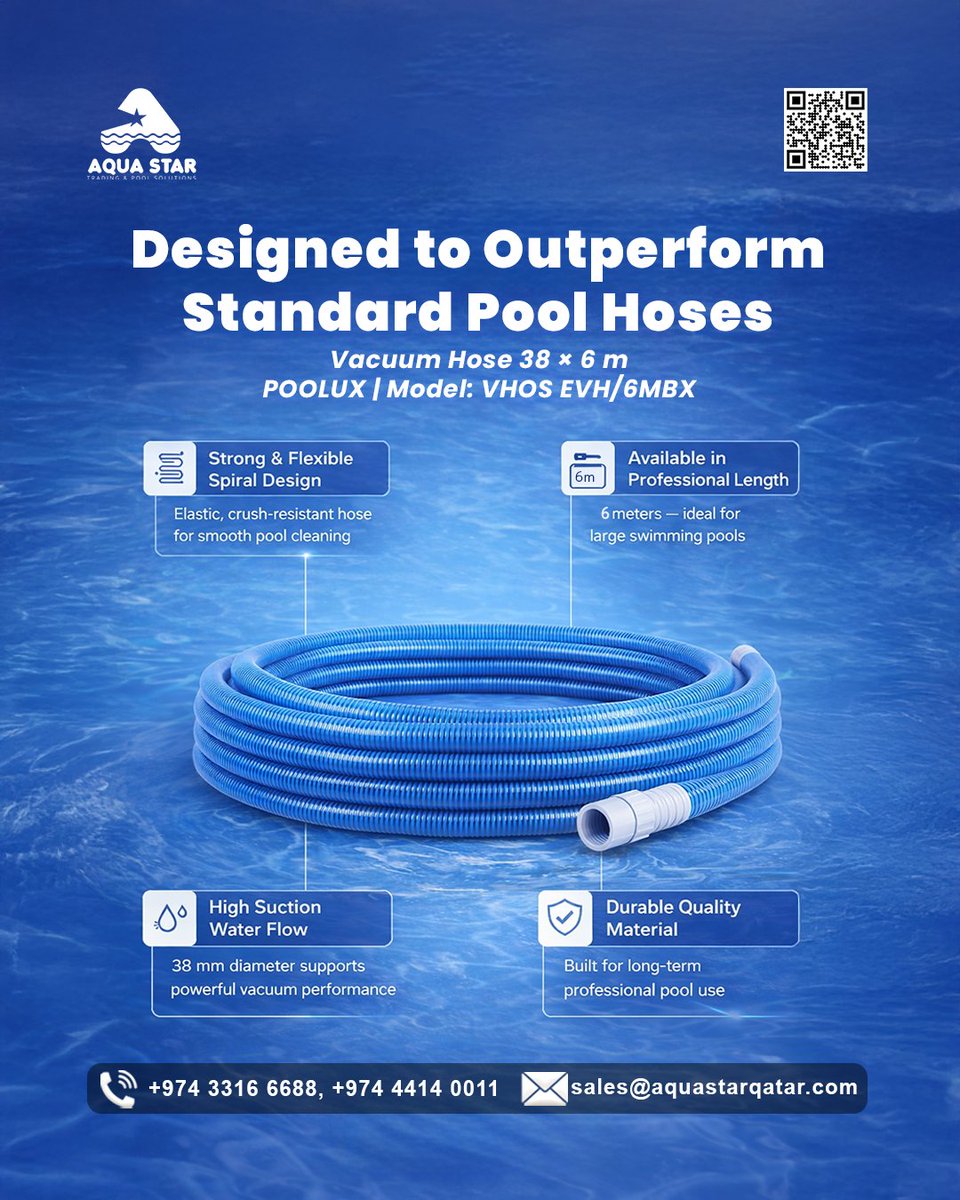 AquaStarQatar's tweet image. Upgrade your pool cleaning with POOLUX Vacuum Hose (38 mm) — built for powerful suction, flexibility, and long-term professional use.

✔ Strong &amp;amp; flexible spiral design
✔ Available in 6 m &amp;amp; 30 m lengths

📞 Call / WhatsApp: +974 3316 6688 | +974 4414 0011

#PoolEquipments