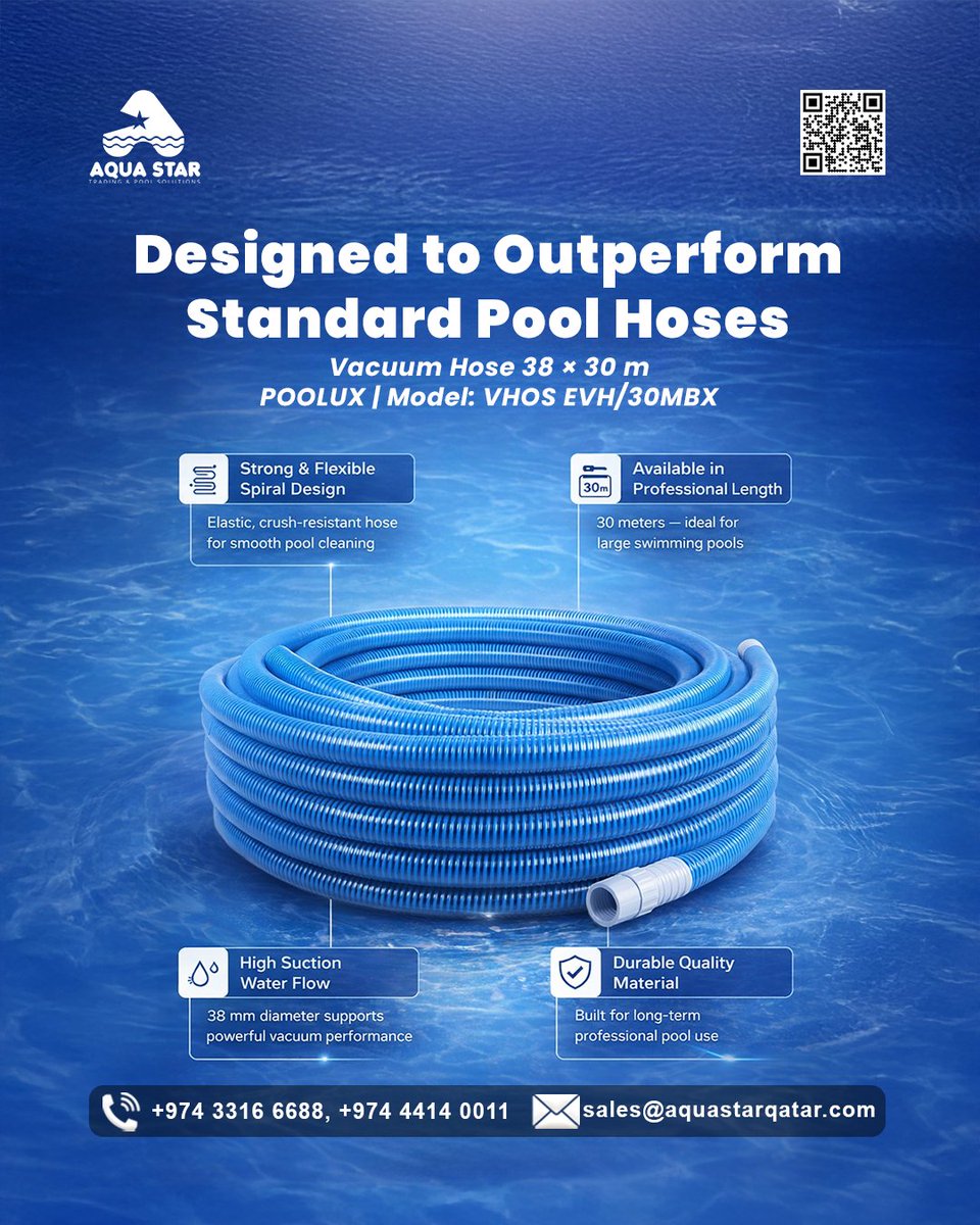 AquaStarQatar's tweet image. Upgrade your pool cleaning with POOLUX Vacuum Hose (38 mm) — built for powerful suction, flexibility, and long-term professional use.

✔ Strong &amp;amp; flexible spiral design
✔ Available in 6 m &amp;amp; 30 m lengths

📞 Call / WhatsApp: +974 3316 6688 | +974 4414 0011

#PoolEquipments