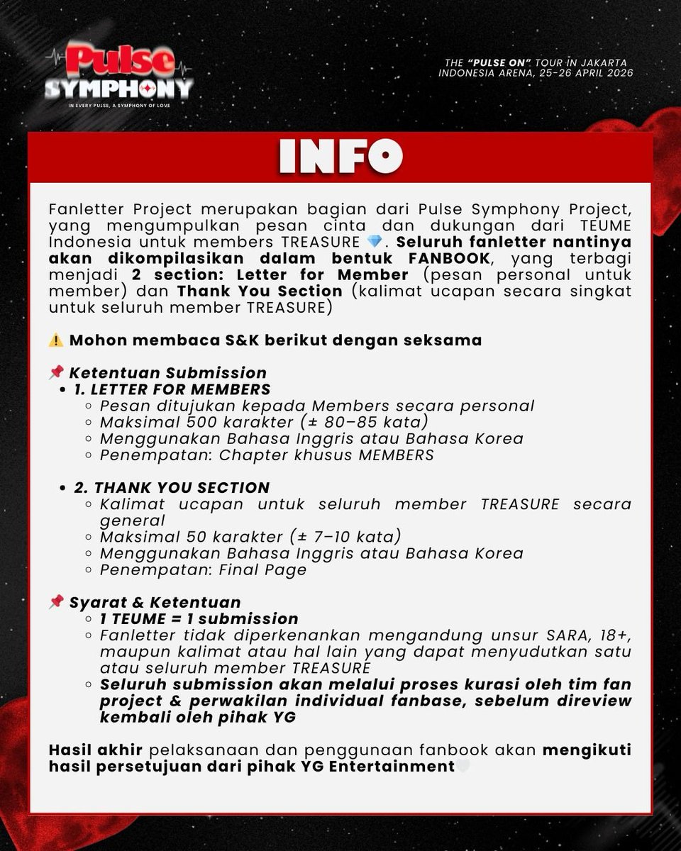 💌 LETTER FOR TREASURE 💌 
Teume, yuk kirimkan surat terbaik untuk kesayanganmu &amp; jadi bagian dari Fanbook Project 😍 

📎 bit.ly/m/LetterforTre… 
📥 10 Feb 2026 (close jika kuota terpenuhi) 

#PULSEONinJAKARTA2026🇲🇨 #FeelThePulseSymphony #TREASURE #트레저