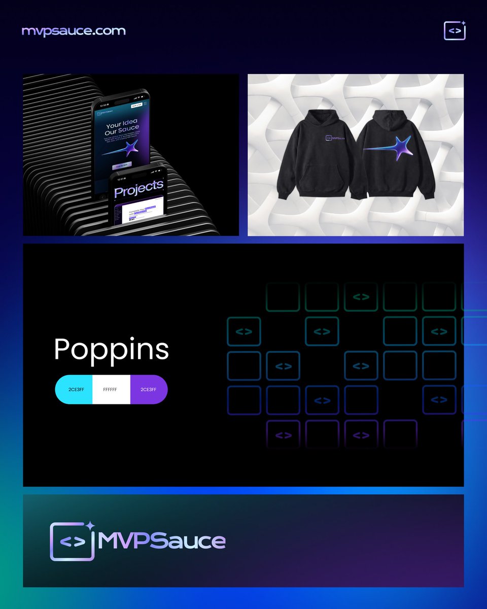 MVPSauce's tweet photo. Product screens show real outcomes.
Apparel extends the identity into the physical world.
Typography ensures clarity and consistency.
Color &amp; grid create structure and rhythm.
The logo anchors the entire system. https://t.co/XkBhO6vNqp
