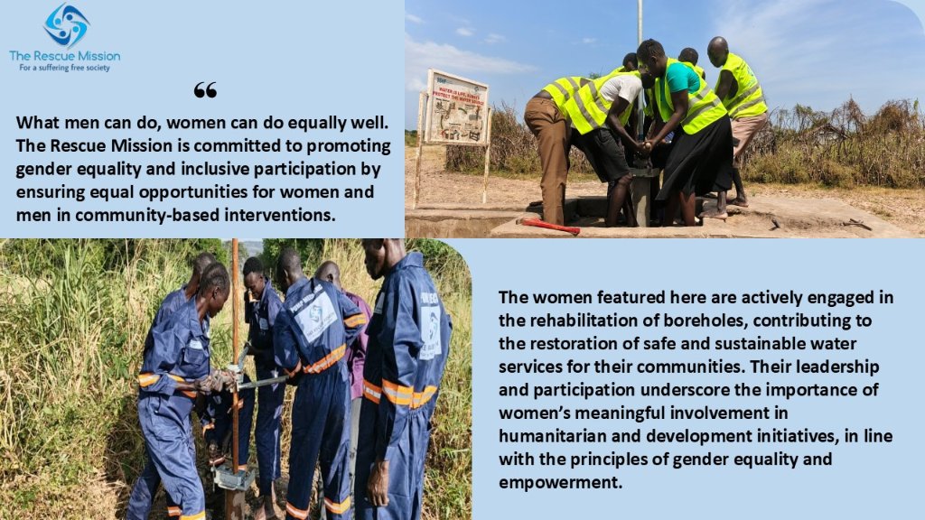 Did you know that what a man can do, a woman can do equally well—or even better? #TheRescueMission promotes gender equality by engaging women and men in rehabilitating boreholes, improving access to safe water, and strengthening community resilience. #SSHF #UNWomenSouthSudan