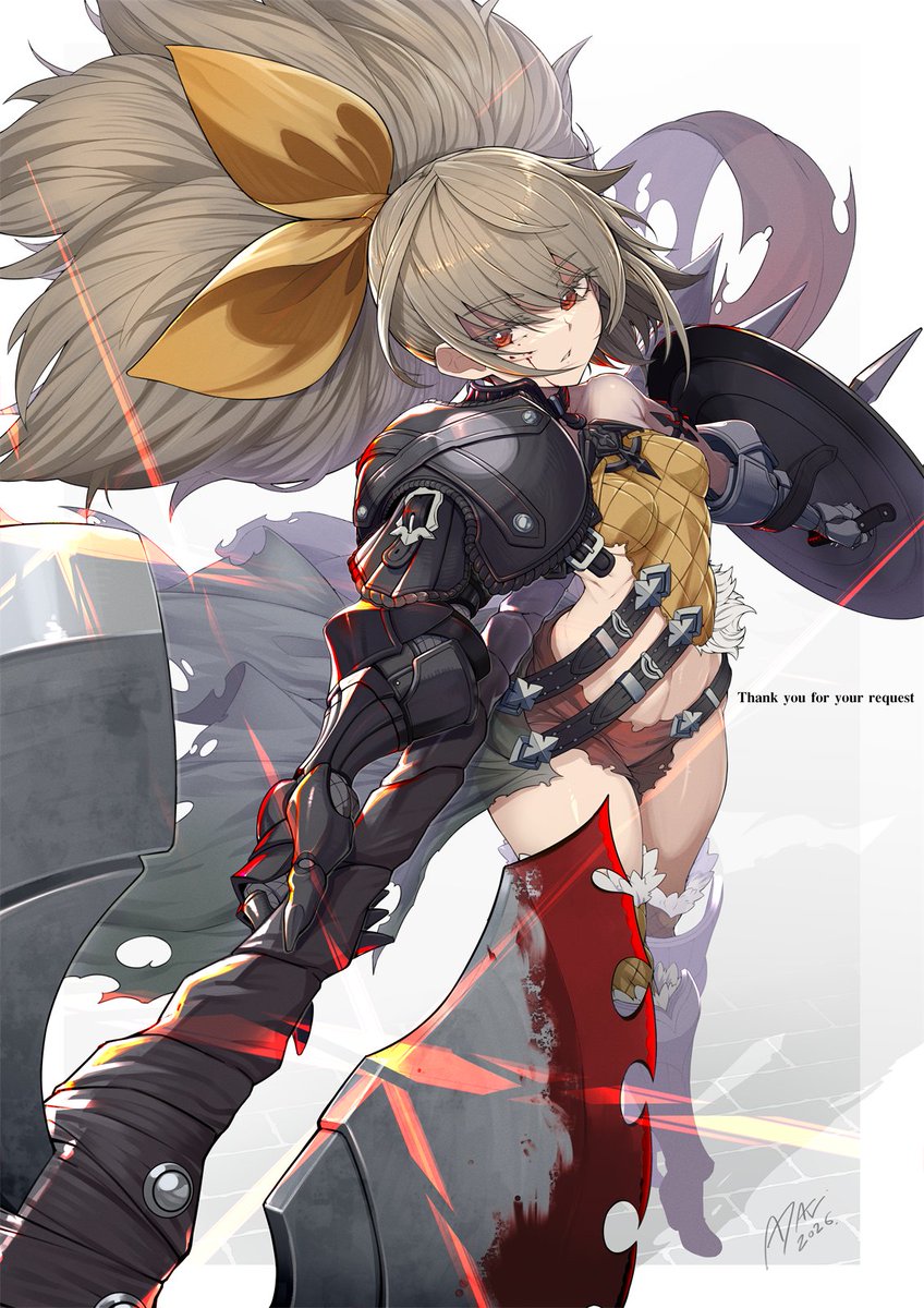 skebでリクエスト頂きました。

 楽しく描かせて頂きました。感謝。
 大きい武器を持ってるとの事だったのでパースを意識して考えてみました。