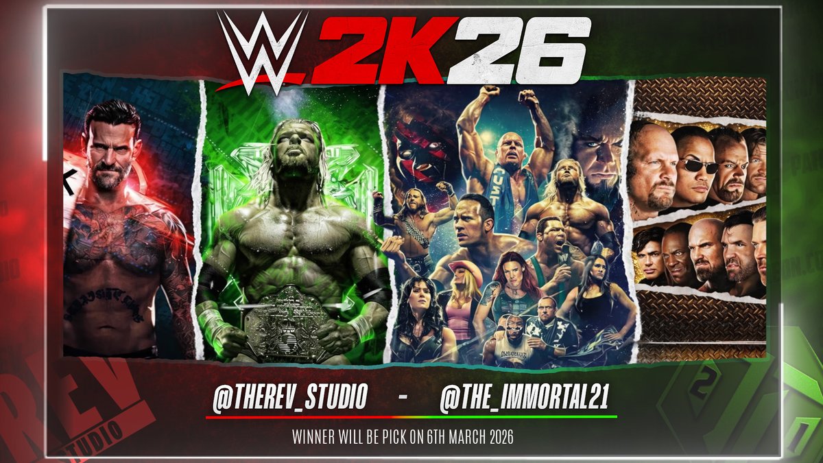 🎁GIVEAWAY Collab - #WWE2K26 

► Follow <a href="/TheRev_Studio/">Rev</a>  &amp; <a href="/the_immortal21/">TheImmortal21 | 🇫🇷</a>
► RT &amp; Like this tweet
► Tag a Friend

📅: 6th March 2026