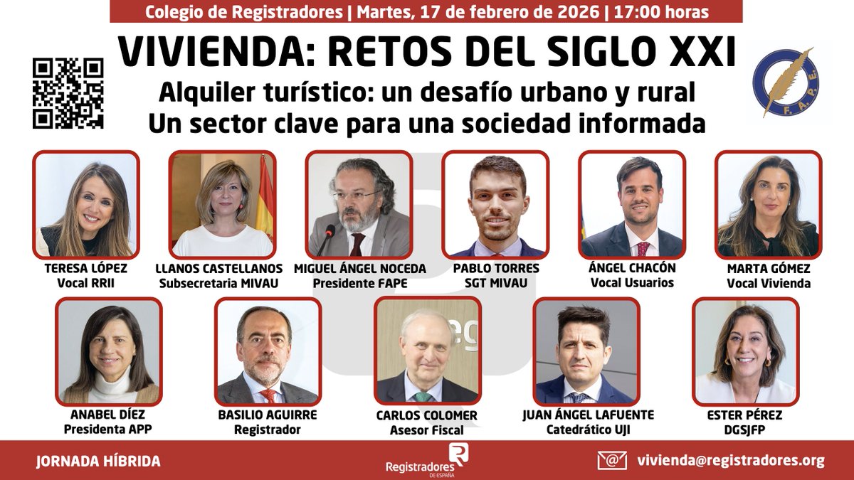 Registrador_es's tweet photo. Pasado mañana martes 17 de febrero a las 17:00 horas celebraremos la jornada "Vivienda: retos del siglo XXI" en el Colegio de Registradores.
#AlquilerTurístico #NRUA #PisosTurísticos #ArrendamientosDeCortaDuración #VUT
Interesados en asistir presencialmente: enviar un email a vivienda@registradores.org
📍Asistencia online:
https://t.co/fV9blf50x1