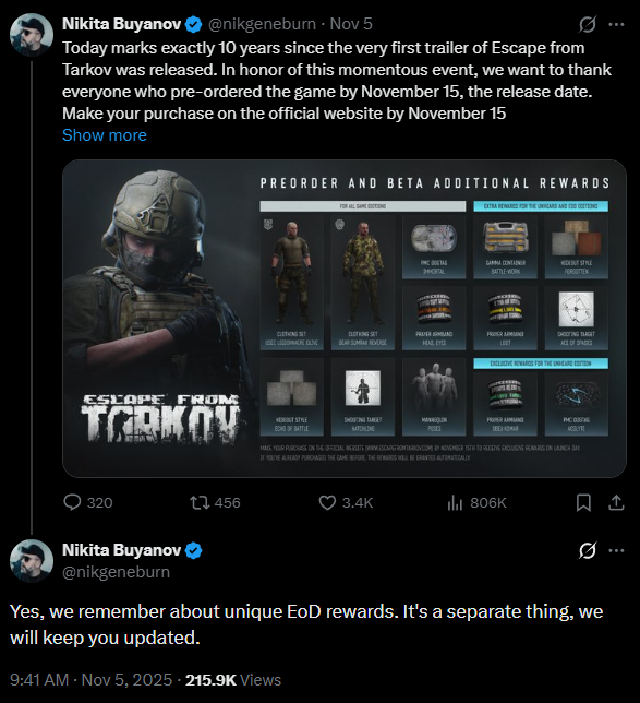 hrax's tweet photo. @tarkov Chinese new year drip, you can work on, but no updates on EOD pre-order bonus in almost 3 months. 
Good Job! /s https://t.co/S9TKtcE7Yf