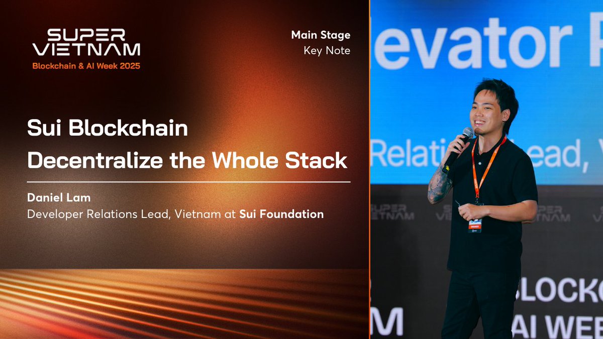 superedge_org's tweet photo. Unveil the future: How Sui Blockchain is decentralizing the entire stack to revolutionize internet infrastructure!  

Exclusive keynote from @daniellam258, Developer Relations Lead, Vietnam at @SuiFoundation, live from the @super_vietnam 2025 Main Stage.  

Watch the full session here: https://t.co/vWS1BYgHPZ