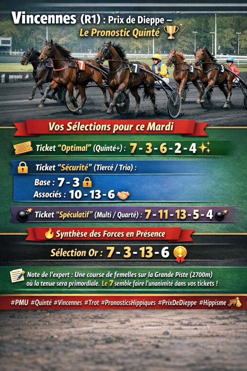 🏇 Vincennes R1C1
 * Ticket "Optimal" : 7 - 3 - 6 - 2 - 4 ✨
 * Ticket "Sécurisé":
   * Base : 7 - 3 🔒
   * Associés : 10 - 13 - 6 🤝
 * Ticket  : 7 - 11 - 13 - 5 - 4 💣
🔥 Synthèse
Sélection Or : 7 - 3 - 13 - 6 🥇

#PMU #Quinté #Vincennes #Trot #PronosticsHippiques #Hippisme