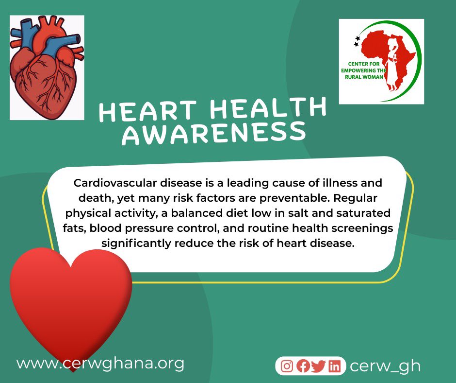 Cerwgh's tweet photo. Cardiovascular disease is a leading cause of illness and death, yet many risk factors are preventable. Regular physical activity, a balanced diet low in salt and saturated fats, blood pressure control, and routine health screenings significantly reduce the risk of heart disease. https://t.co/UuGUvYaqzN