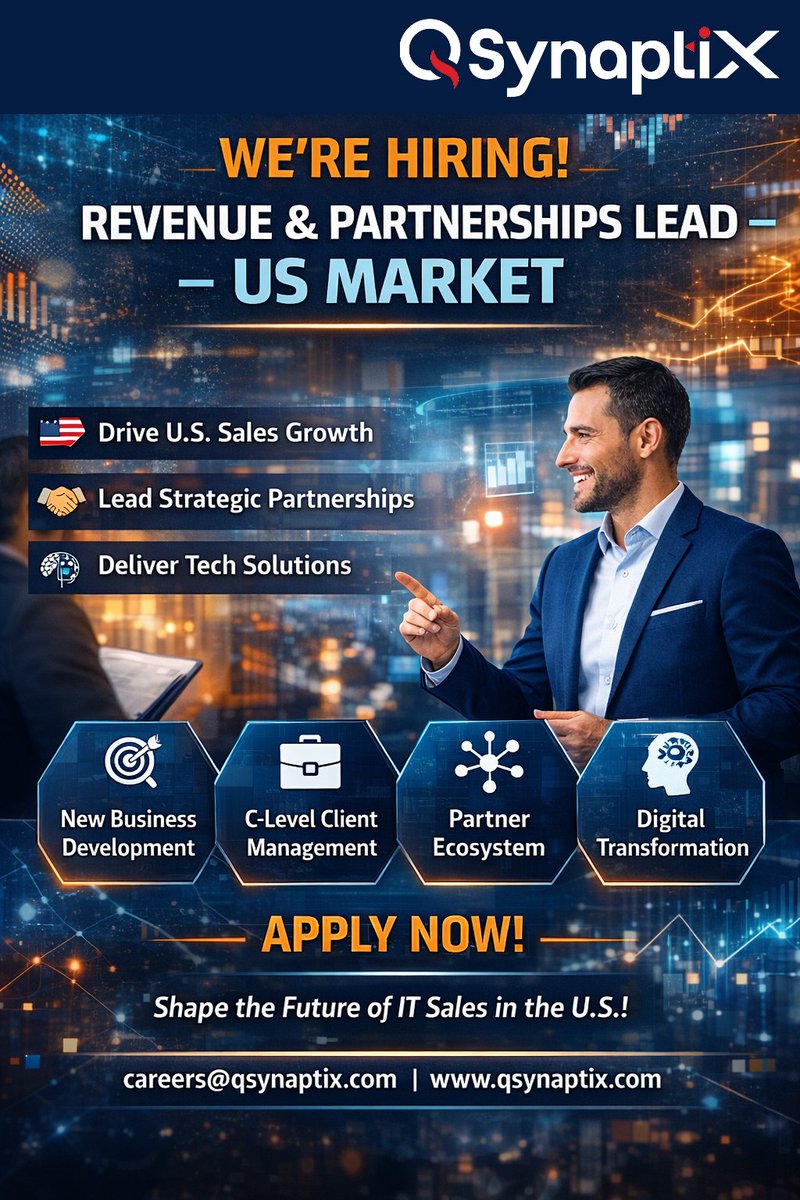 QSynaptiX's tweet photo. AI is crossing its most important line, and QSynaptiX is leading the charge. 🧵

We are looking for a Revenue &amp; Partnerships Lead!

8+ years experience? U.S. tech network? Let’s talk.

📩 careers@qsynaptix.com 
#ITServices #SalesLeadership #Hiring https://t.co/DjDjWVJlKh