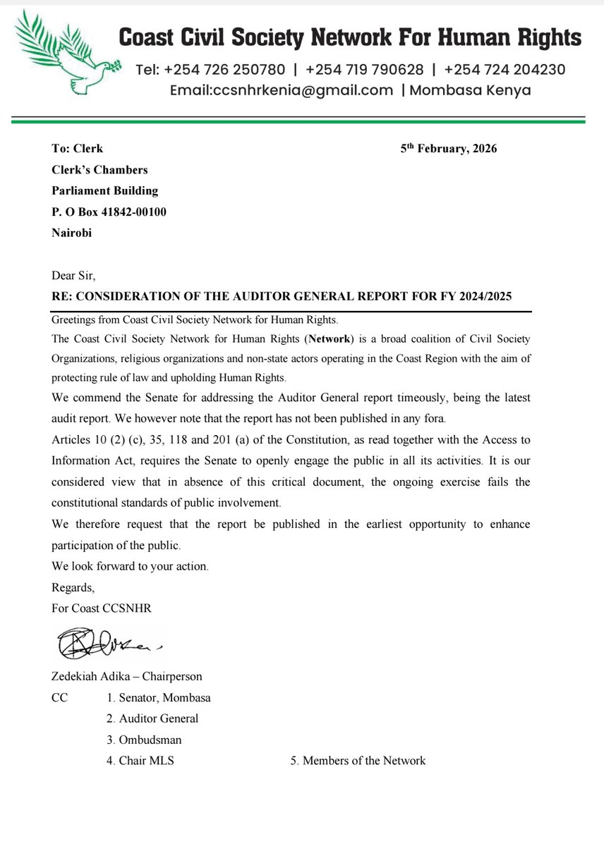 CoastRights's tweet photo. We commend the Senate for considering the Auditor General’s FY 24/25 report. However, failure to publish it undermines constitutional principles of transparency &amp; public participation. Publish the report to enable meaningful citizen engagement. https://t.co/A3cqp48cNw