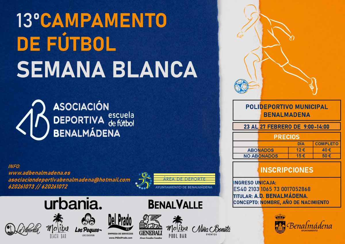 La A.D. Benalmádena organiza un campamento de Fútbol para los días de Semana Blanca en el Polideportivo Ramón Rico de Benalmádena Pueblo, más info e inscripciones en la propia asociación.