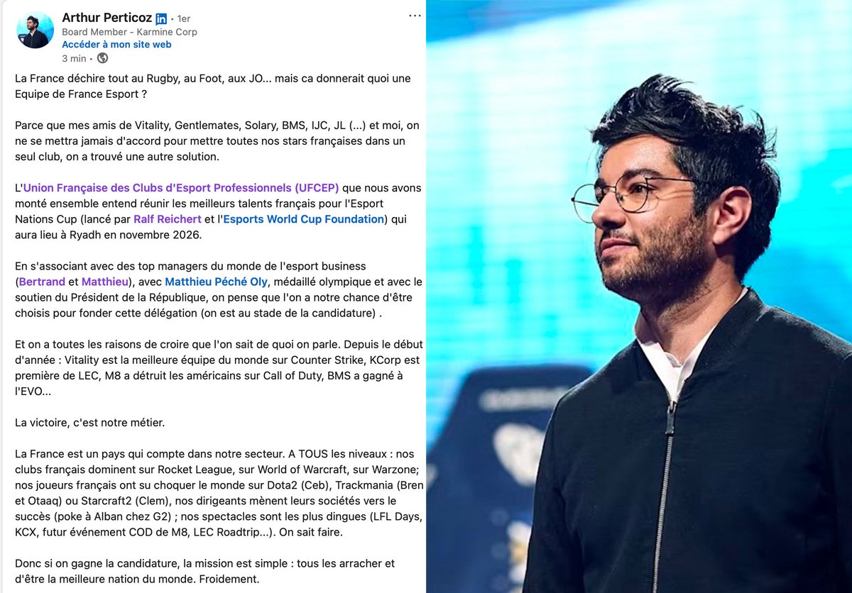 🇫🇷 « Si on gagne la candidature, la mission est simple : tous les arracher et être la meilleure nation du monde. Froidement »

<a href="/ArthurPerticoz/">Arthur Perticoz</a> partage sa vision de la candidature pour l'<a href="/ENC_EN/">Esports Nations Cup</a> 🇸🇦, l'association de l'UFCEP et des « top managers du monde de l'esport business »