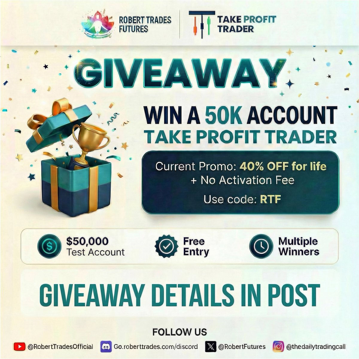 📢 I Have a Take Profit Trader 50K Account to giveaway.  

to Enter:
 1⃣ Follow <a href="/robertfutures/">Robert Trades Futures</a> and <a href="/TakeProfitLLC/">TakeProfitTrader</a> 
2️⃣Like &amp; RT   
3️⃣Tag 3 friends who trade prop firms..
4️⃣Comment your favorite account size from Take Profit Trader.

Need a hint?

Visit: go.roberttrades.com/tpt