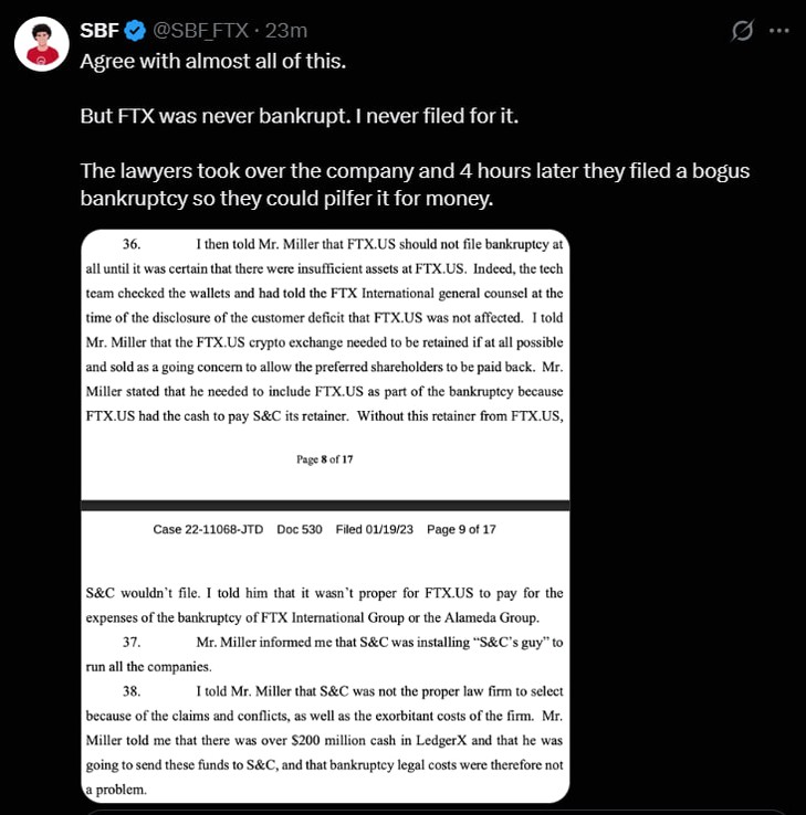 BlockPulseG's tweet image. 萨姆·班克曼-弗里德声称“FTX从未破产”，并表示律师在未经他批准的情况下提交了破产申请。