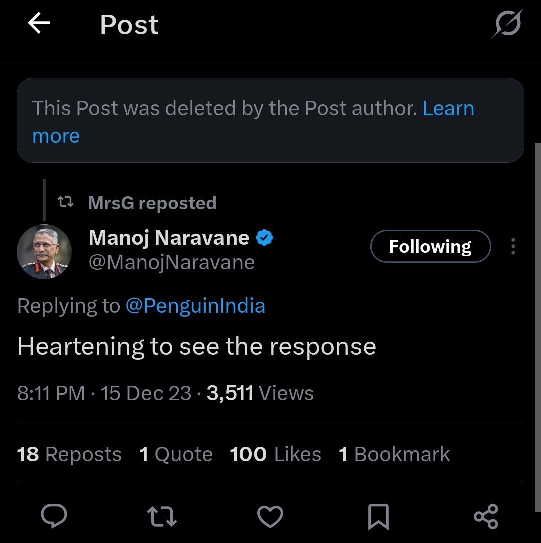 Imagine an international publishing company deleting its post… where India’s former COAS replied.

A retired Indian Army officer, the 28th Chief of the Army Staff, comments on your official tweet and you just delete the entire post?

This is cowardice and erasing public record.