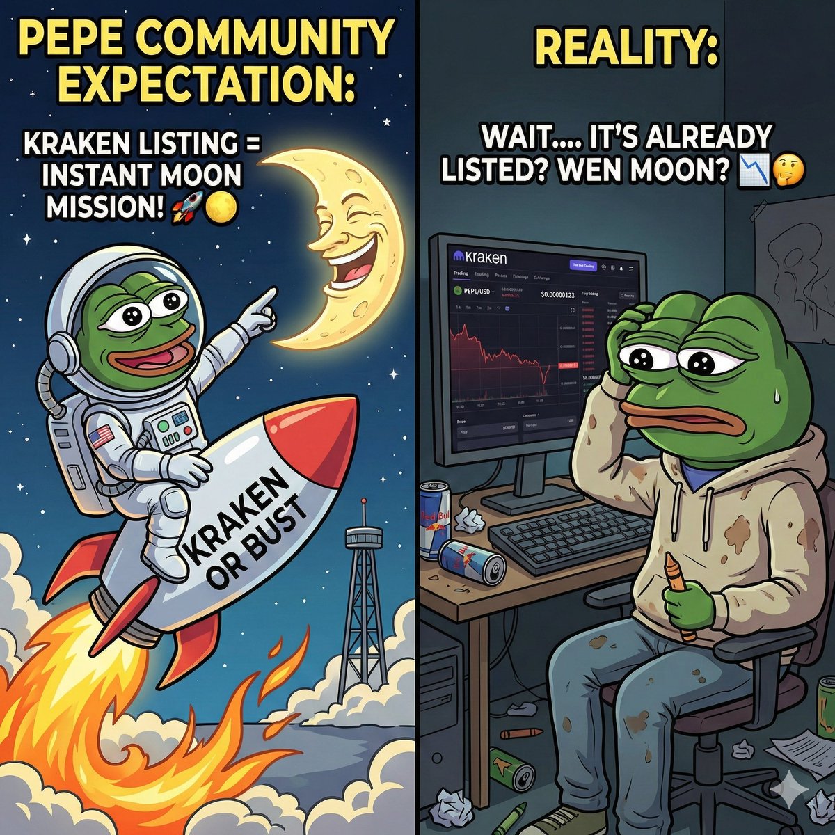 $PEP <a href="/PepecoinNetwork/">Pepecoin</a> holders looking at Kraken like it’s a magical portal to $1. 🪄🐸

Buddy, that’s not a rocket ship launchpad... that’s just a bigger exit door for the whales to walk through. 🐋🚪📉

#Pepecoin #Kraken #CryptoRoast #ExitLiquidity #MemeCoin