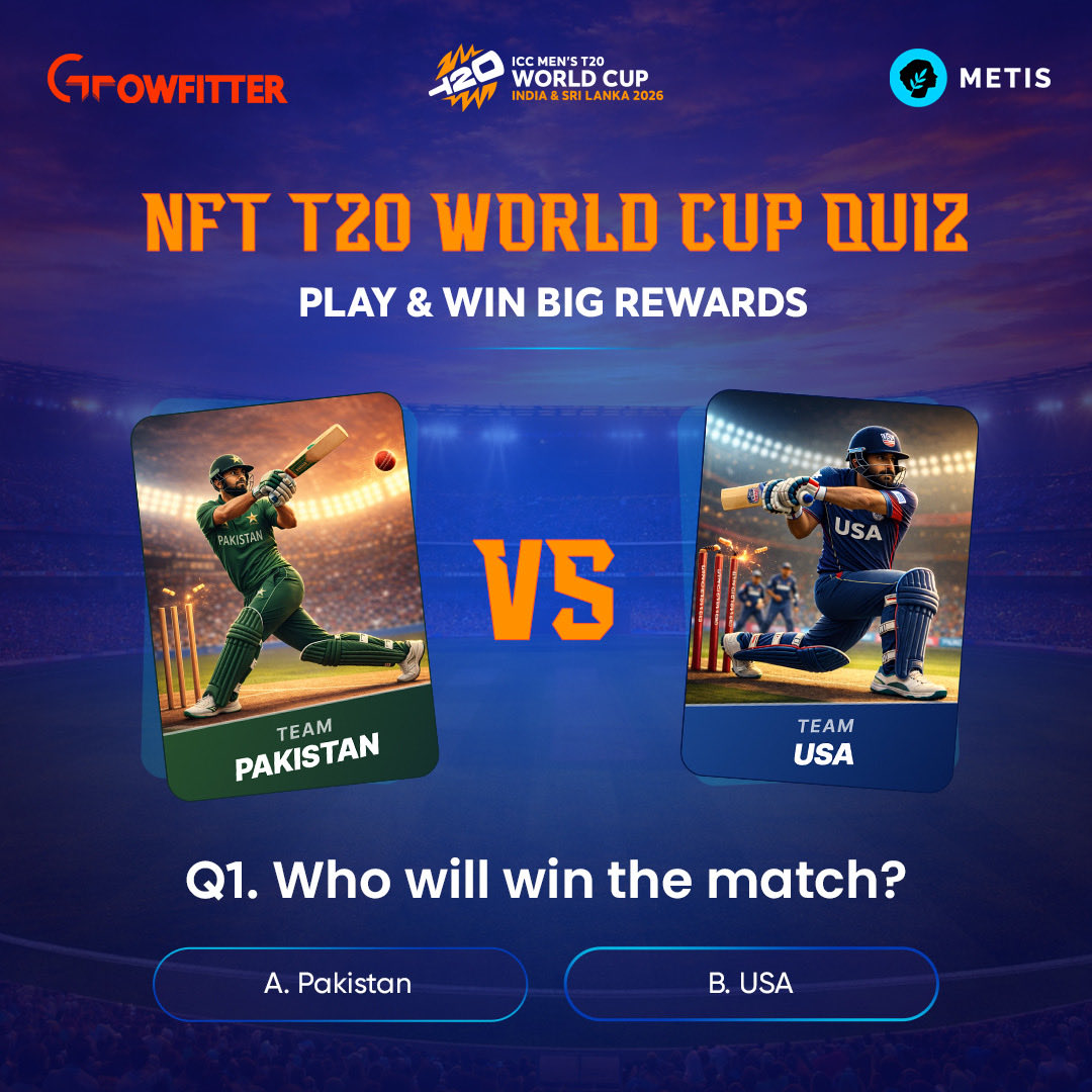 T20 World Cup MATCH GIVEAWAY🥳
It’s a huge match &amp; the pitch is set!🏟️
Predict the winner and stand a chance to win BIG!

🎯 How to enter:
1️⃣ Follow both: <a href="/growfitter/">Growfitter (GFIT Token launching soon)</a> &amp; <a href="/MetisL2/">Metis🌿</a> 
2️⃣ Drop your prediction 
A - Pakistan
B - USA
3️⃣ Retweet this post &amp; tag 2 friends
5️⃣ 25 Lucky
